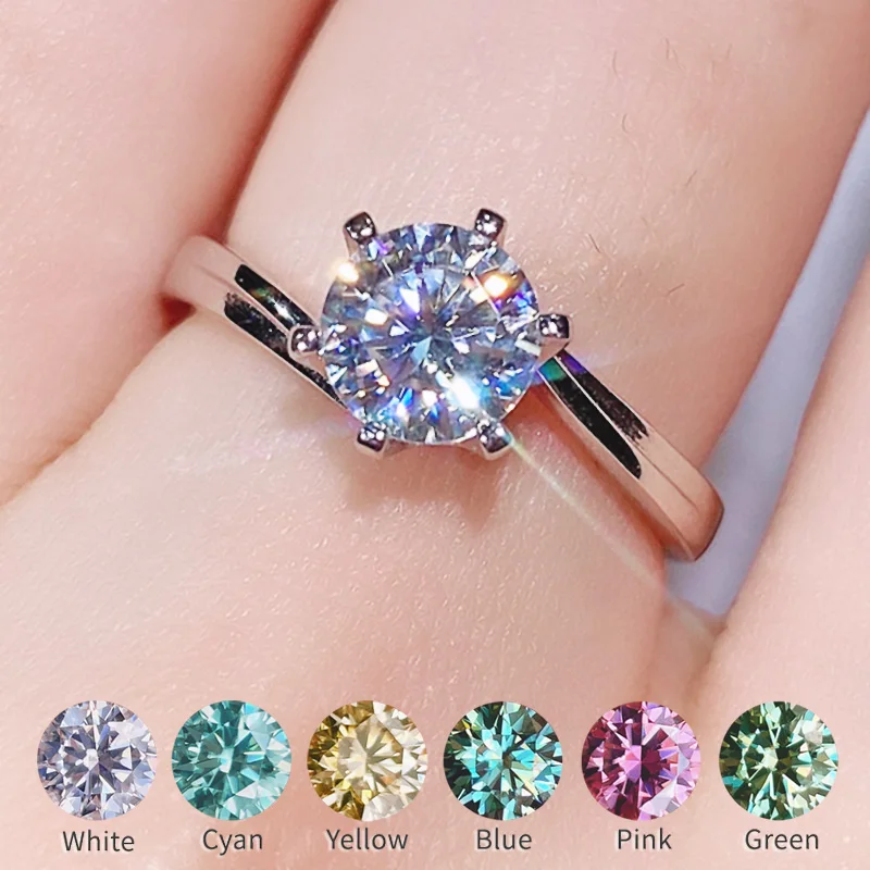 

Real S925 Silver Moissanite Ring 0.5-1 Carat Diamonds Wedding Ring For Women Blue Cyan Pink Red Yellow Green White VVS1 3EX Cut