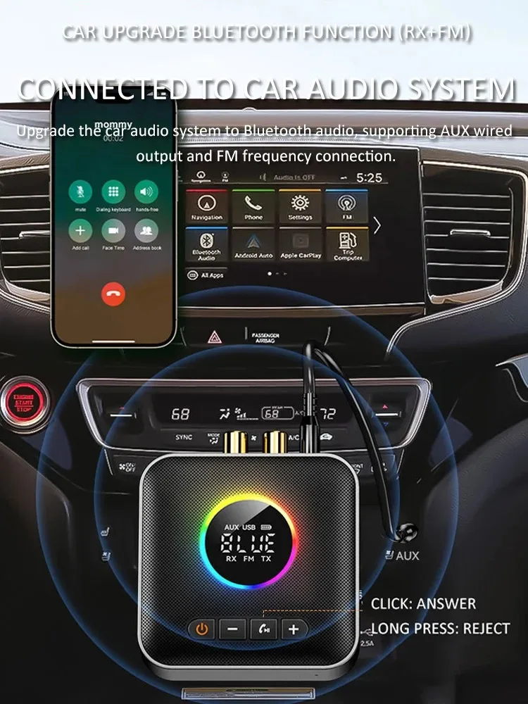 RGB Light Bluetooth 5.4 Audio Receiver Transmitter DSP Wireless Adapter FM USB 3.5MM AUX RCA Stereo HIFI Music Adapter With Mic