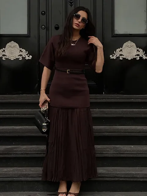 2025 Chic Splicing Brown Half Sleeve Maxi Dress Women's Casual Pleated A-line Slim Vestidos Female Office Commute Street Robes 6
