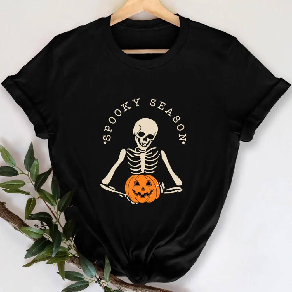 

Spooky Season Skeleton Pumpkin Funny Halloween Shirt Women 100%Cotton Tshirt Unisex Funny Summer Casual Short Sleeve Top