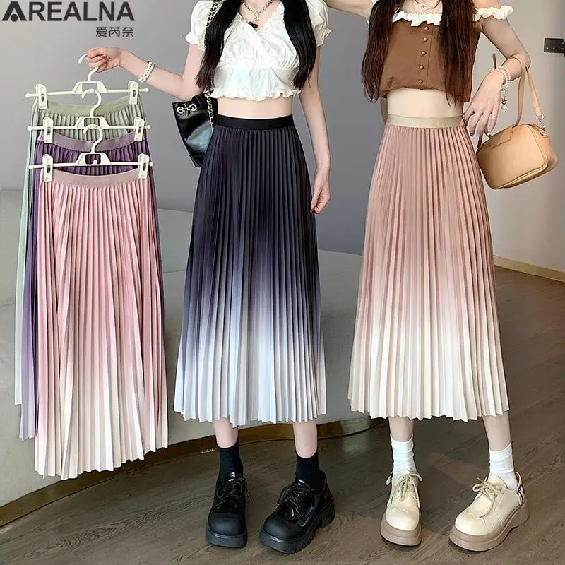

2023 Summer Elegant Pleated skirt Women's Korean fashion Gradient color Skirts Female Streetwear High Waist Elastic midi Skirt