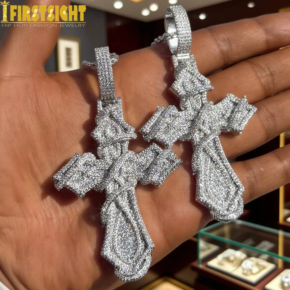 2025 New Iced Out Barbed Wire Wrapped Cross Pendant Necklace