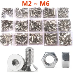 M2 M2.5 M3 M4 M5 M6 304 Stainless Steel Bolt Hexagon Hex Socket Flat Head Countersunk Screw and Hex Nut Furniture screws Kit Set