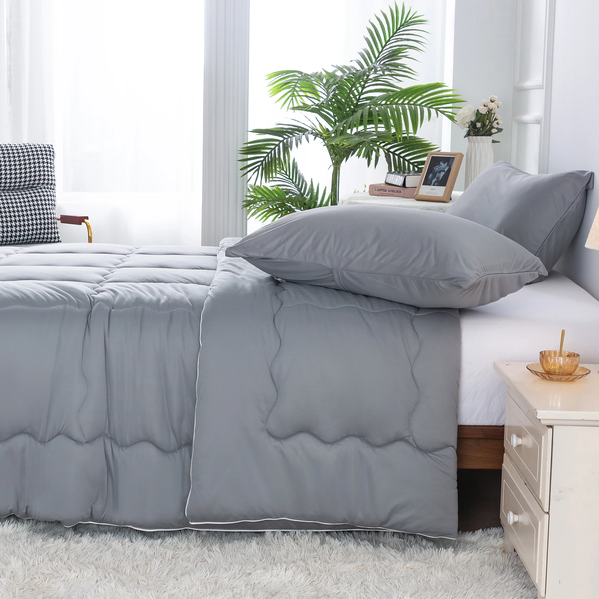 

88inch*92 inch Full Size Reversible Ultra-Soft Jersey Knit Cotton Comforter Set ,lightweight for All Season Use, Dark Grey