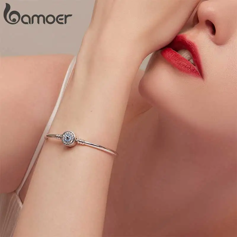 Bamoer 925 Sterling Silver Blue Evil Eye Bangle Bracelet Chain Bracelet Clear CZ Luxury Jewelry SCB012