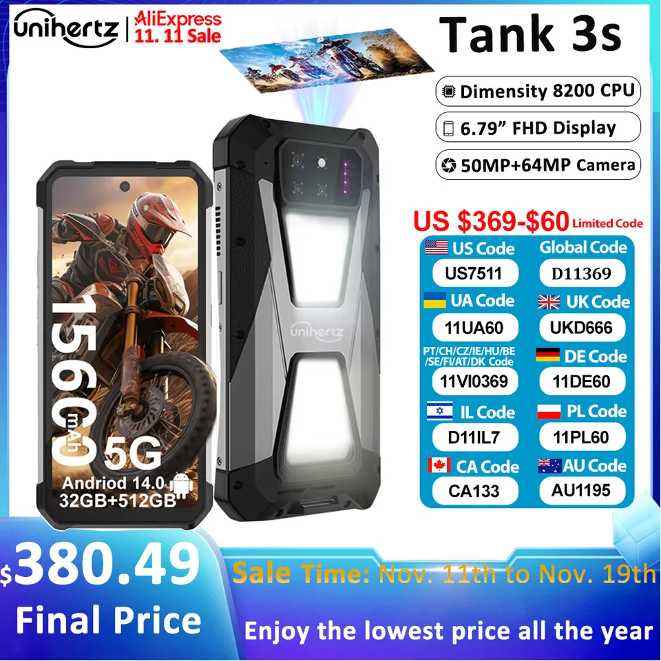 Telefon Unihertz tank 3s 8849 zasilany z projektorem 24/32 GB 256