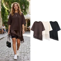 Willshela femmes mode solide dentelle Patchwork chemise asymétrique Vintage col rond demi manches femme Chic dame Blouse 1