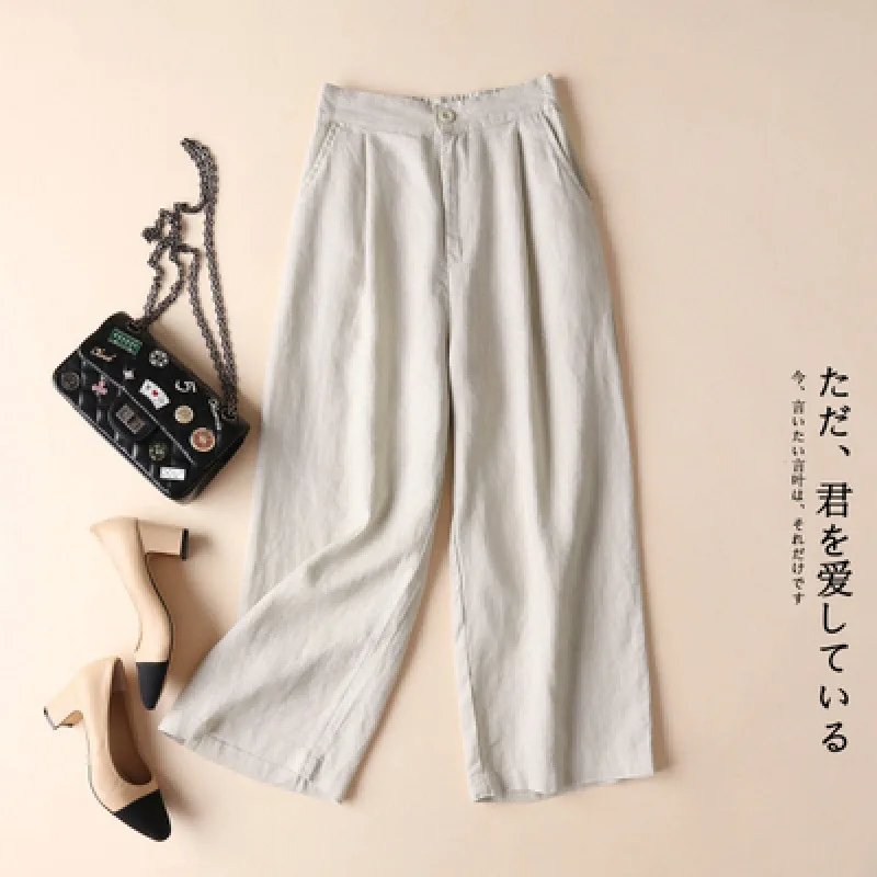 Women Cotton Linen Loose Comfort Elastic Waist Harem Vintage Solid Casual Pockets Wide Leg Trousers Cropped