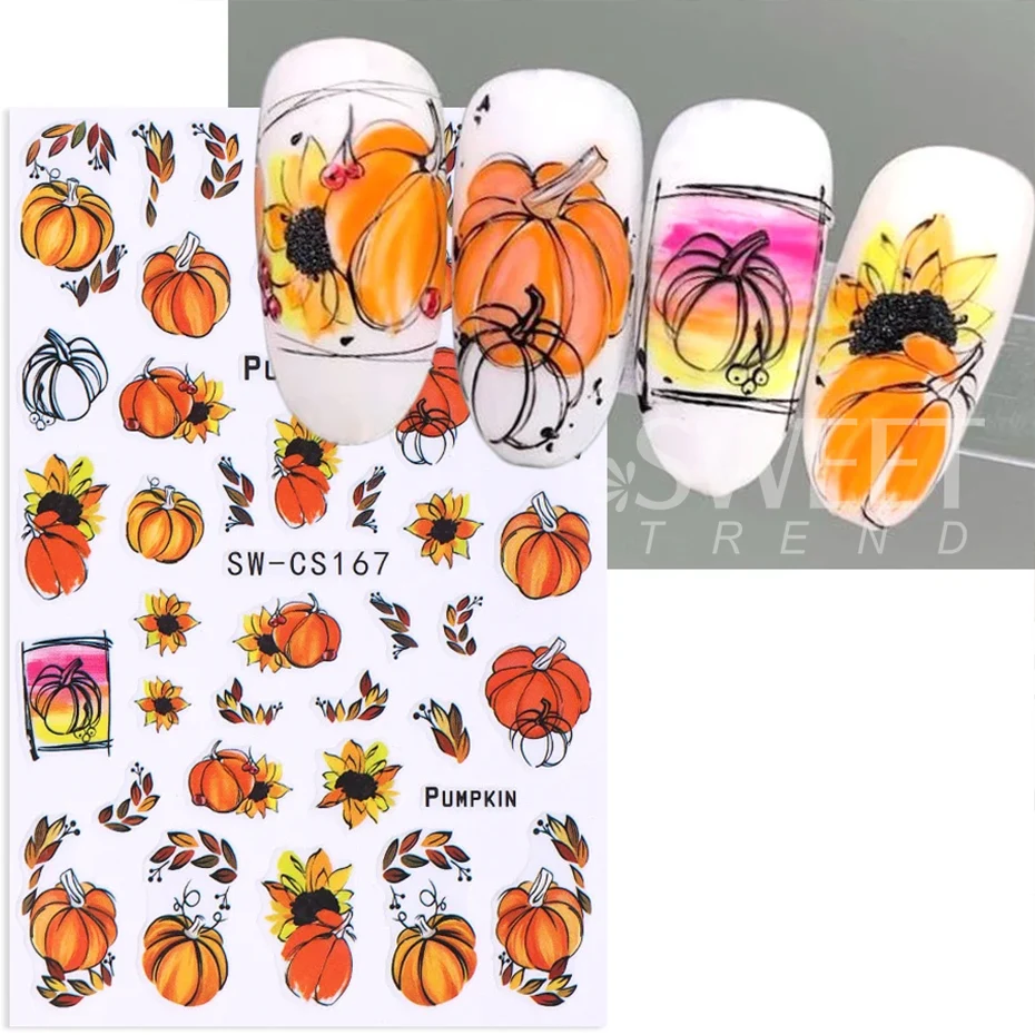 3pcs Autumn Pumpkin Nail Stickers 3D Maple Leaf Pine Fruit Flower Self-Adhesive Nail Decals DIY Thanksgiving Manicure Decoration