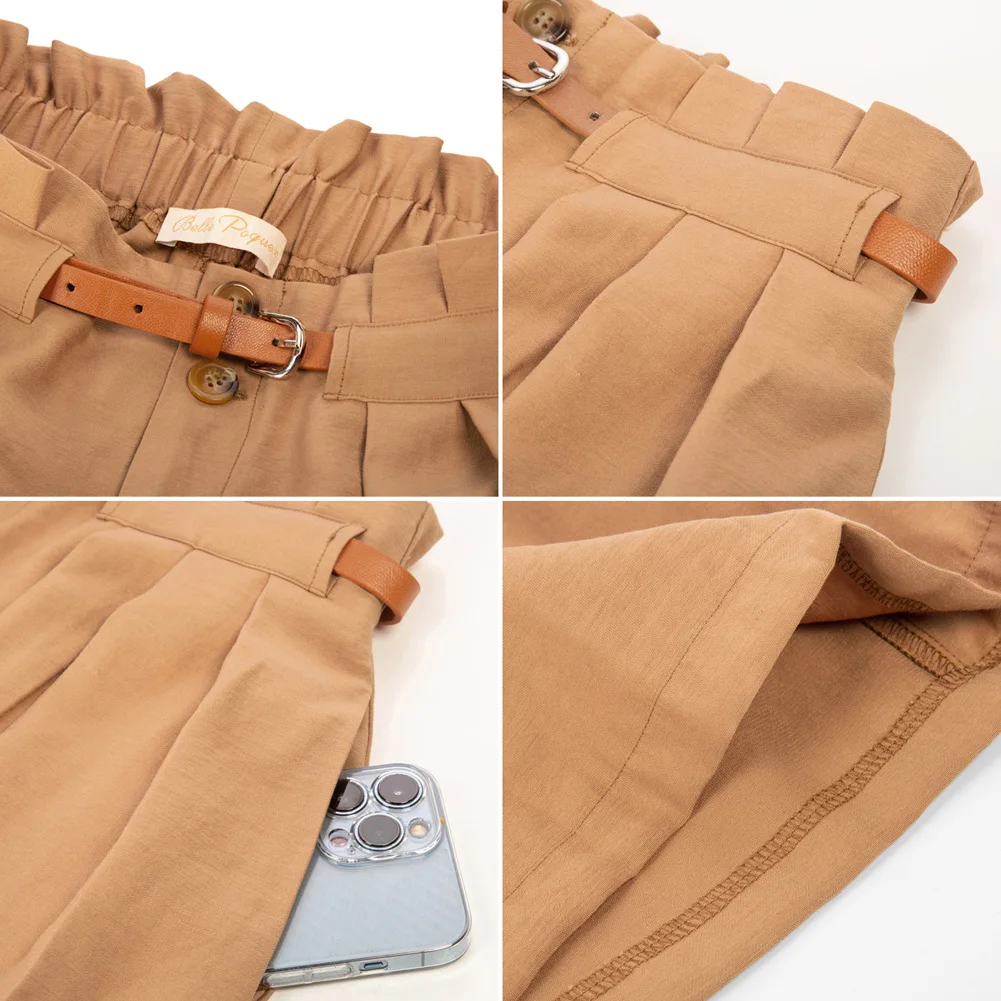 Belle Poque Women Vintage High Waist Wide Leg Shorts With Belt Summer Beach Shorts With Pockets & Belts Pleated Front Short Pant