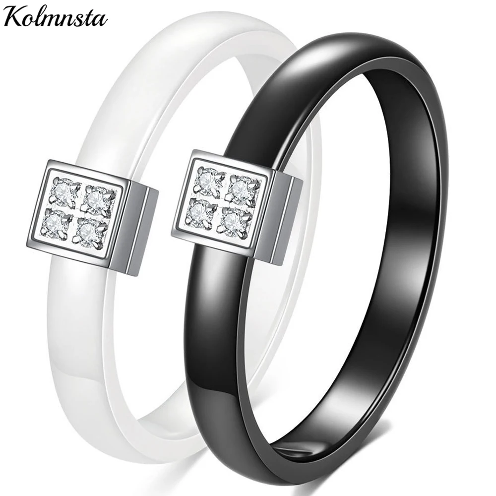 Kolmnsta Glatter 4 mm schwarzer weißer Keramikring für Frauen, Edelstahl, Zirkonringe, Verlobung, Hochzeit, Schmuck, Geschenk, kein Verblassen