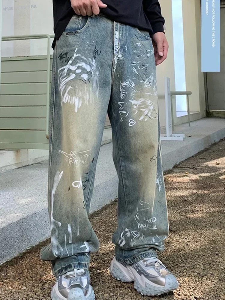 New Graffiti Printed Baggy Jeans For Men Y2K Vintage Distressed