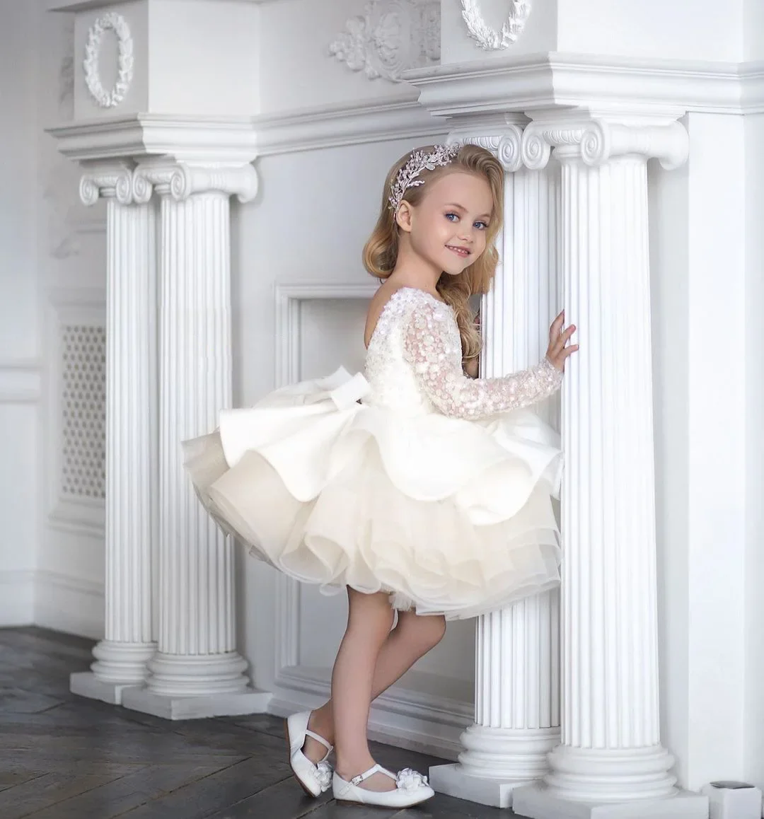 

Children's Wedding Dress Girls' Long Sleeve Lace Sequin Show Hosting Birthday Puffy Short Skirt