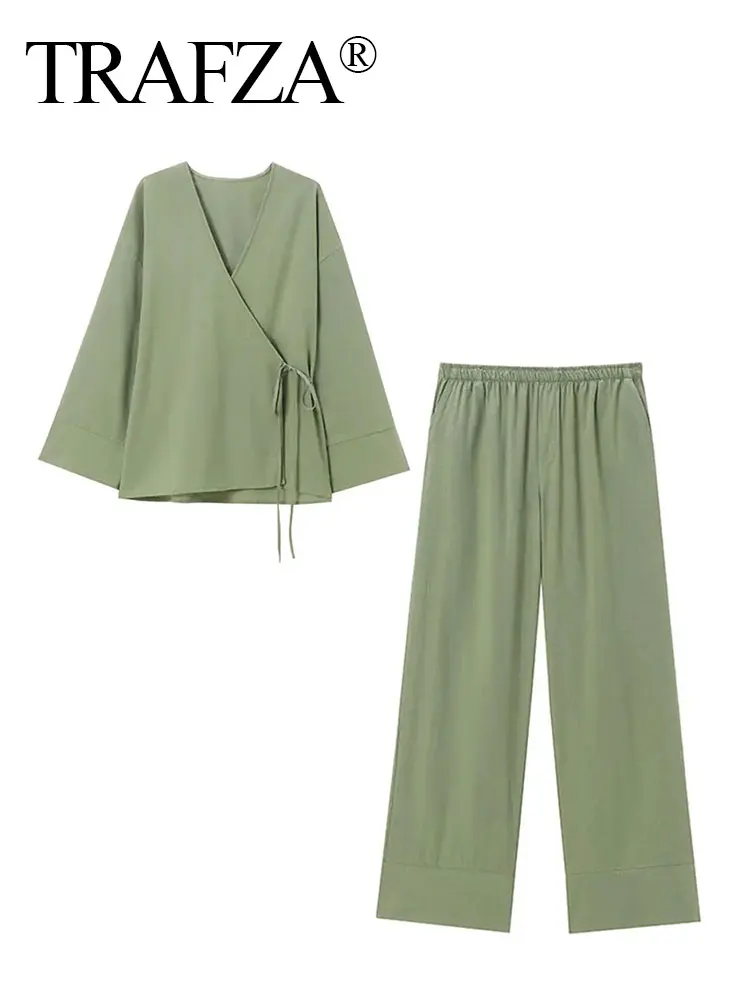 TRAFZA Woman Solid Trousers Set Long Sleeves Casual Lace-Up Shirt Top + Pajama Style Elastic Waist Women's Wide Leg Long Pant