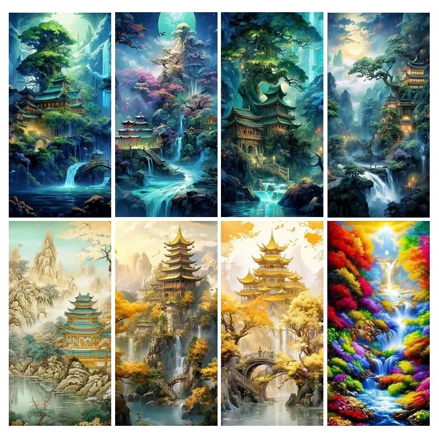 

Алмазная живопись большого размера, живописный павильон, «Водопад», мозаичная вышивка «сделай сам», пейзаж, горы, декор для стен EE3917