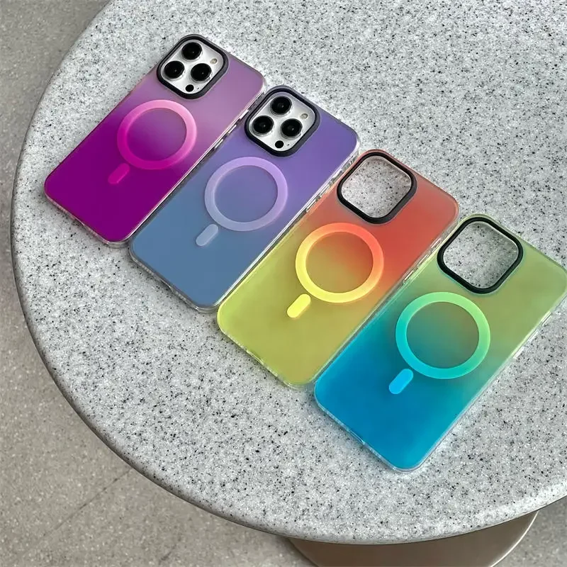Laser Gradiënt Voor Magsafe Case Voor Iphone 15 14 13 12 Pro Max 11 Magnetische Draadloze Opladen Kleurrijke Schokbestendige Luxe Hoes