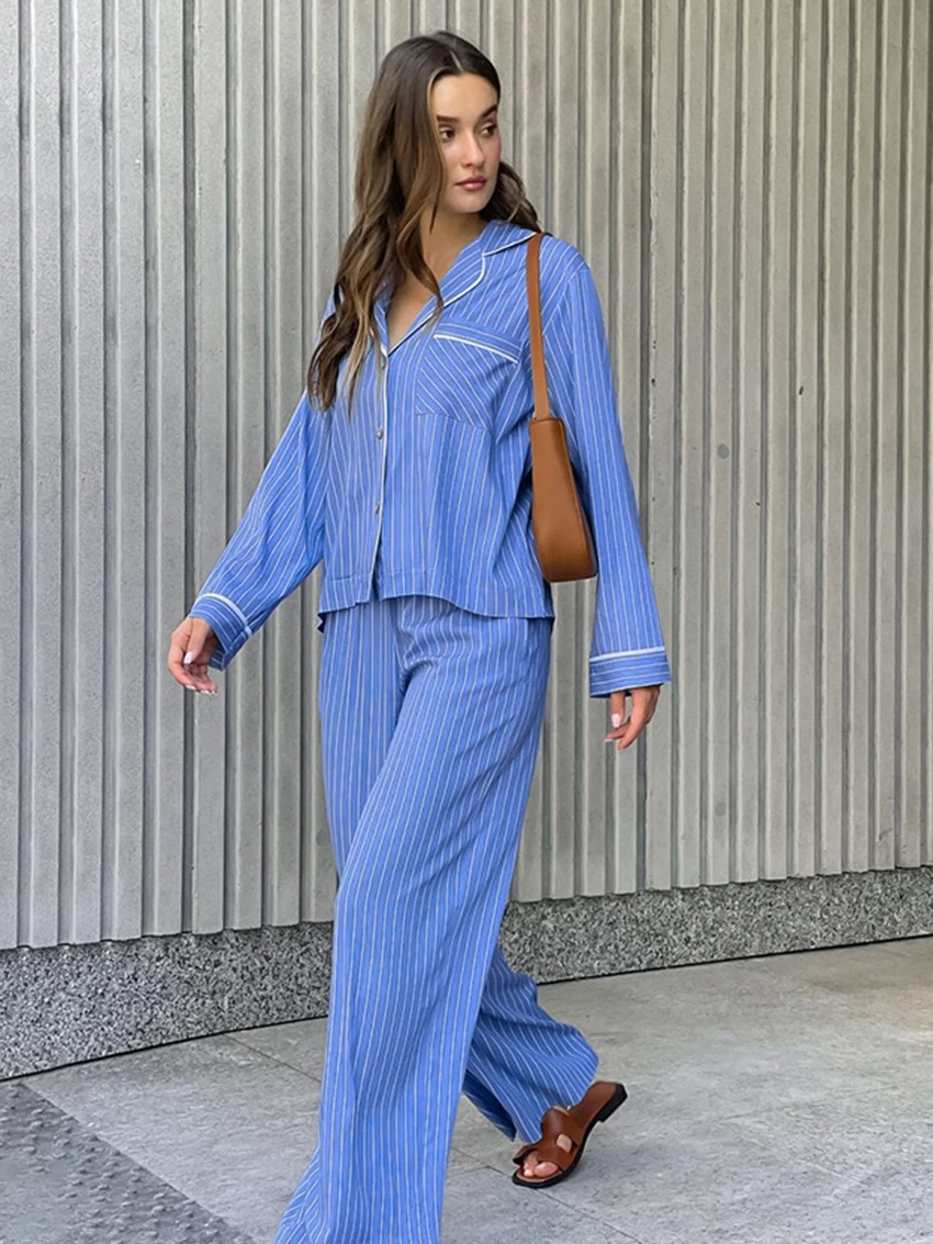 Marthaqiqi Striped Ladies Sleepwear Suit Long Sleeve Nightwear Sexy Turn-Down Collar Pajamas Pants Casual Home Clothes For Women
