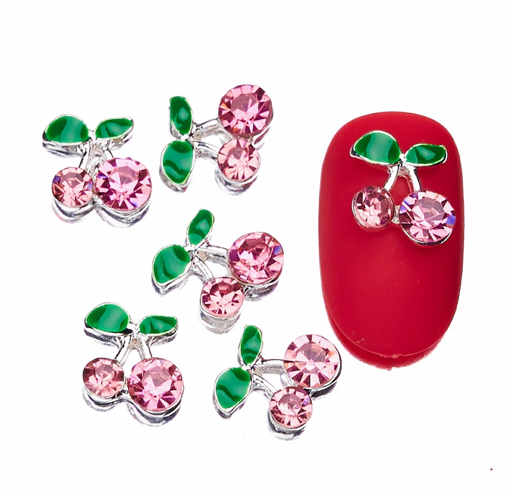 20 Stücke 3D Rot/Rosa Kristall Kirsche Nagel Charms Gold/Silber Metall Kirsche Nail art Strass 10x14mm Glänzende Legierung Kirsche Nagel Teile – Detail 11