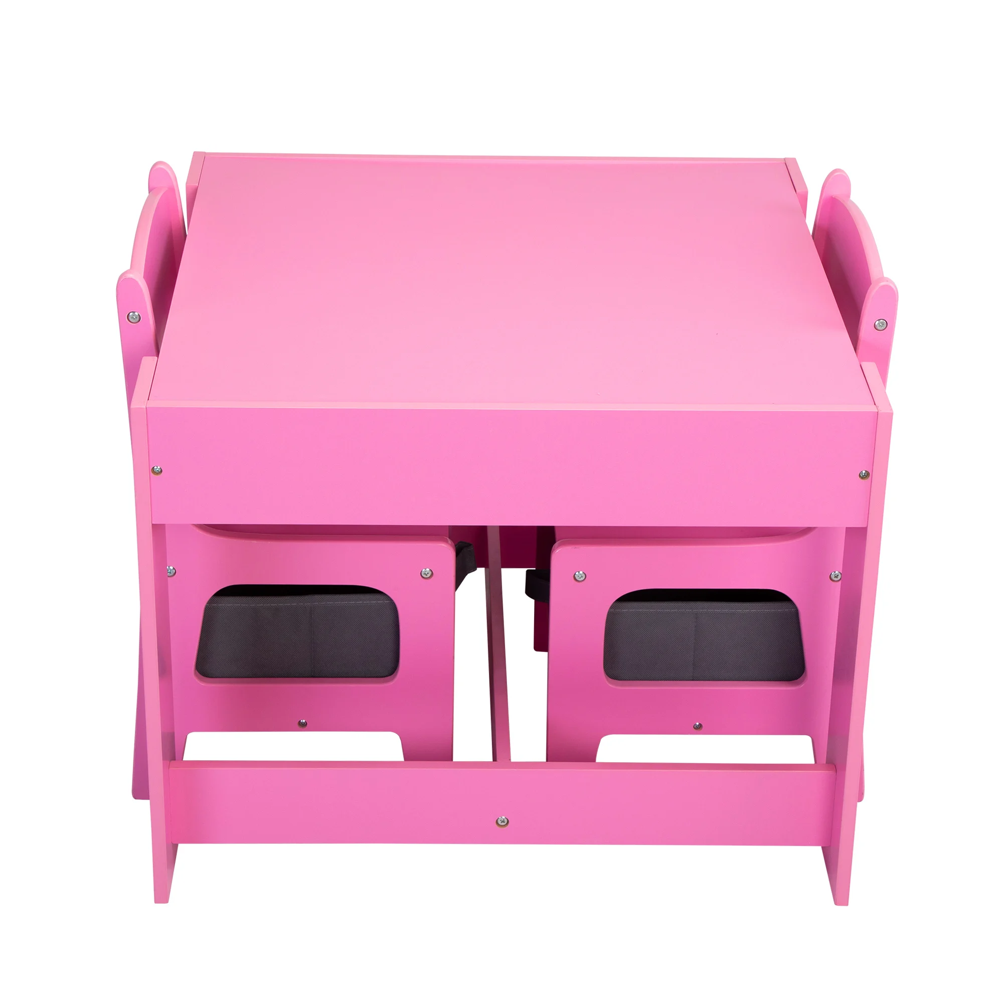 Three in one children's wooden table and two chairs, double-sided drawing table with storage space, blackboard, pink 4
