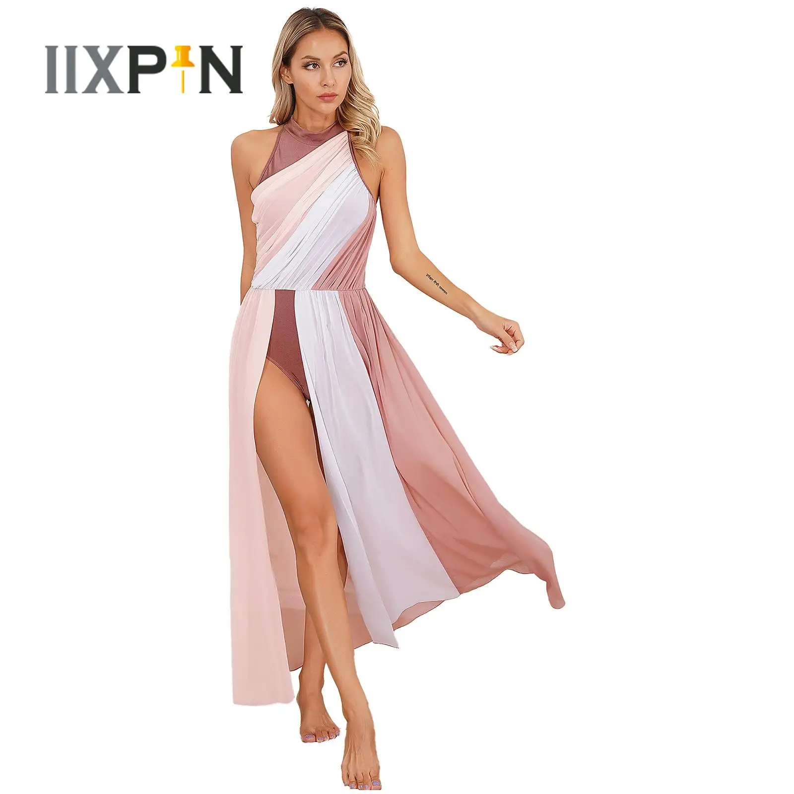 Womens Modern Lyrical Dance Dress Fashion Sleeveless Color Block Split Dresses Ballroom Ballet Dance Stage Performance Costume