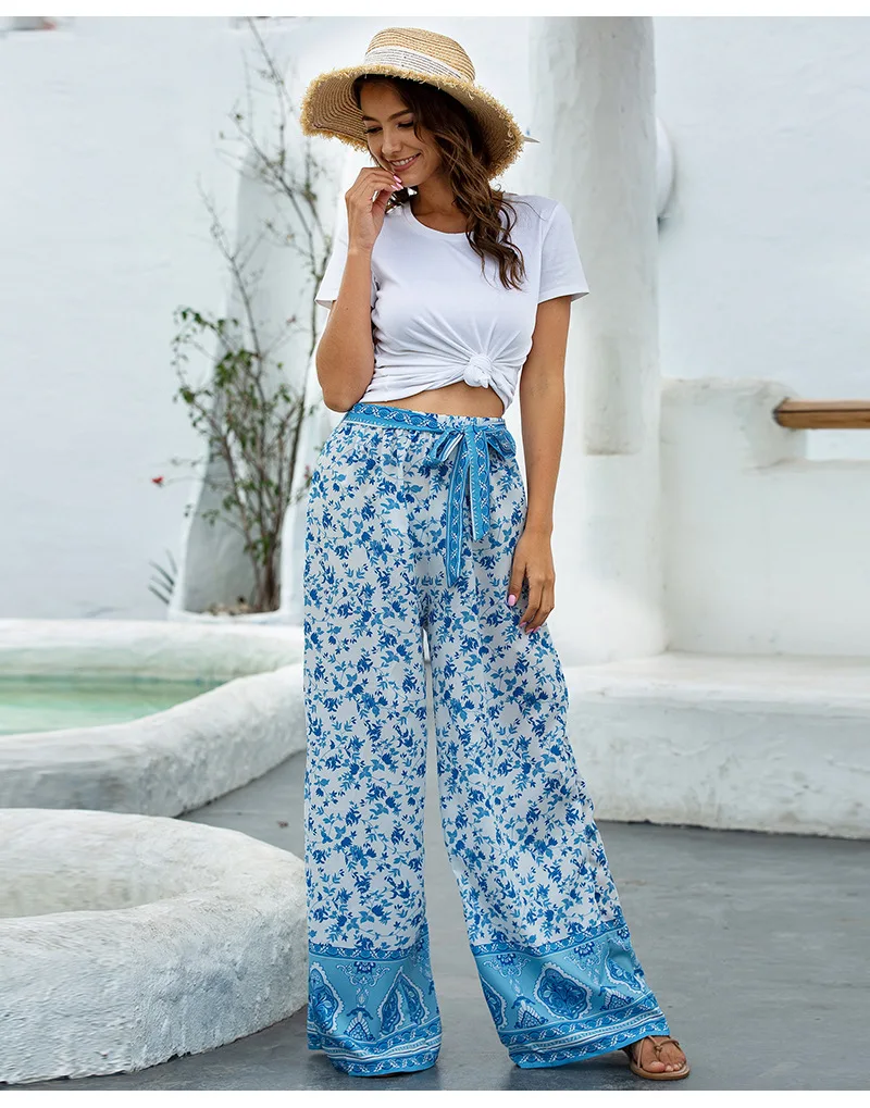 high waisted jeans Casual Bandage Pants Office Lady Trousers 2022 European and American Women's Summer Loose Pants Printed Wide Leg Pants 19544 dress pants