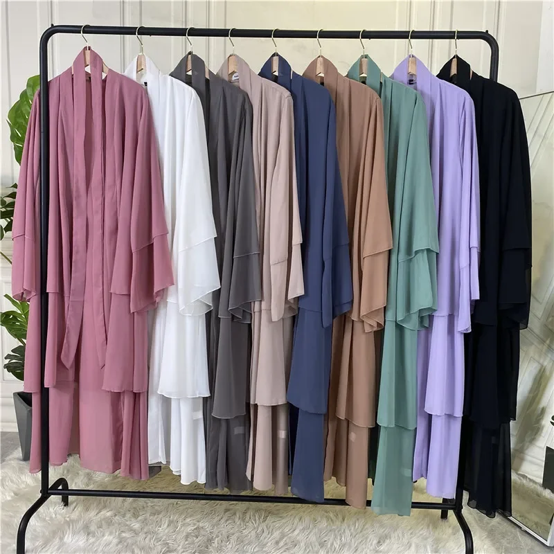 Chiffon Layered Open Abaya Dubai Muslim Dress Luxury High Class Islam Eid Abayas for Women Caftan Arabic Kimono Femme Musulmane