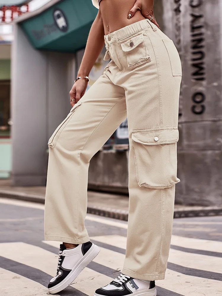 

Benuynffy Women Washed Denim Pants Solid Color Multi Pockets Elastic Waist Cargo Pants Vintage Streetwear Straight Long Trousers