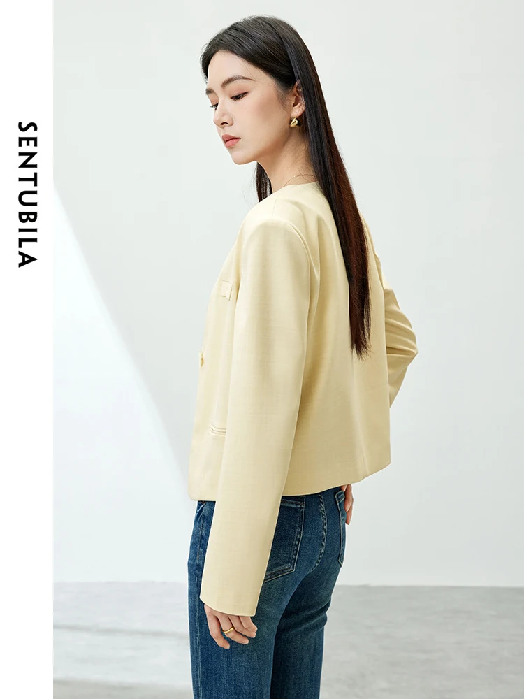 SENTUBILA Casual V-neck Cropped Blazer Coat Woman 2024 Spring Comfort Straight Elegant Suit Jacket Women's Outerwear 141X53363