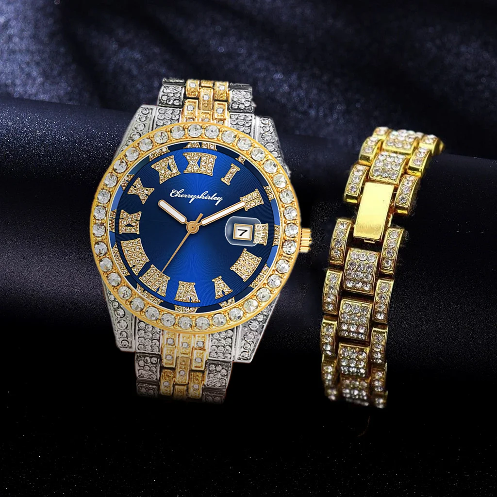 2pcs Full Iced Out Watches Mens Bracelet Bling Bling Watch Jewelry for Men Gold Watch Hip Hop Jewelry Men Watch Set Clocks Reloj