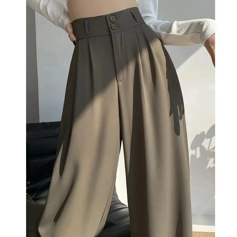 Women's Korean Fashion Pleated High Waist Streetwear Wide Leg Suit Pants Female Solid Loose Straight Trousers Elegant Pantalones