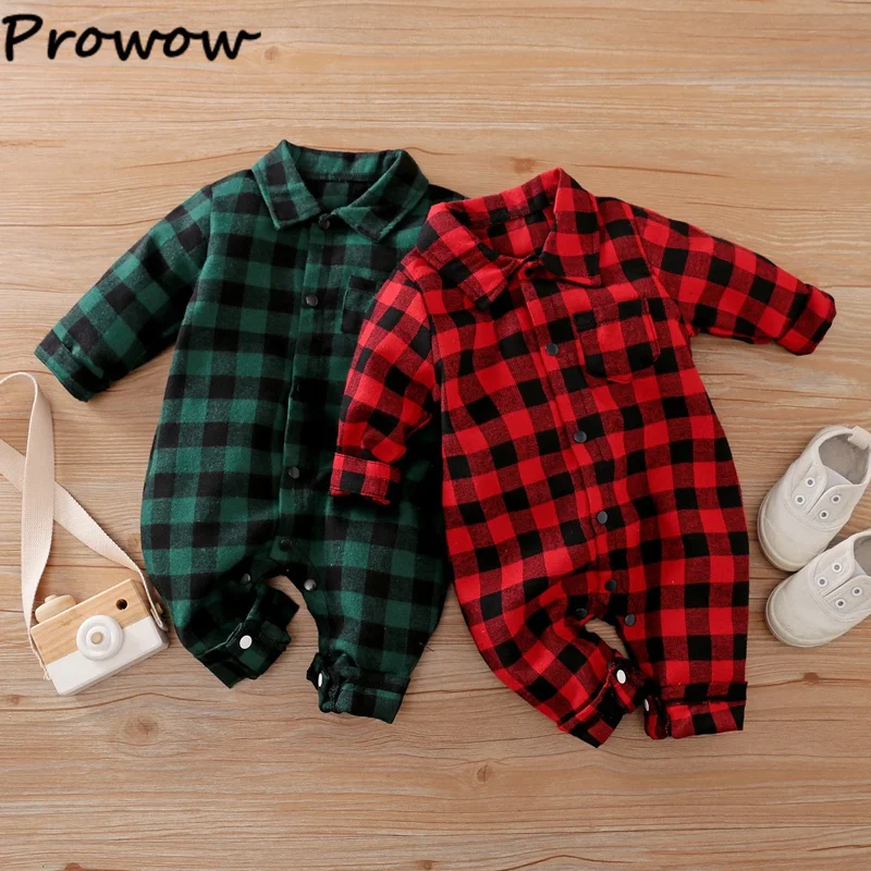 Prowow Newborn Baby Boy Clothes Red Green Plaid Boy Rompers Christmas Jumpsuit Gentleman Suit New Year Costume For Babies
