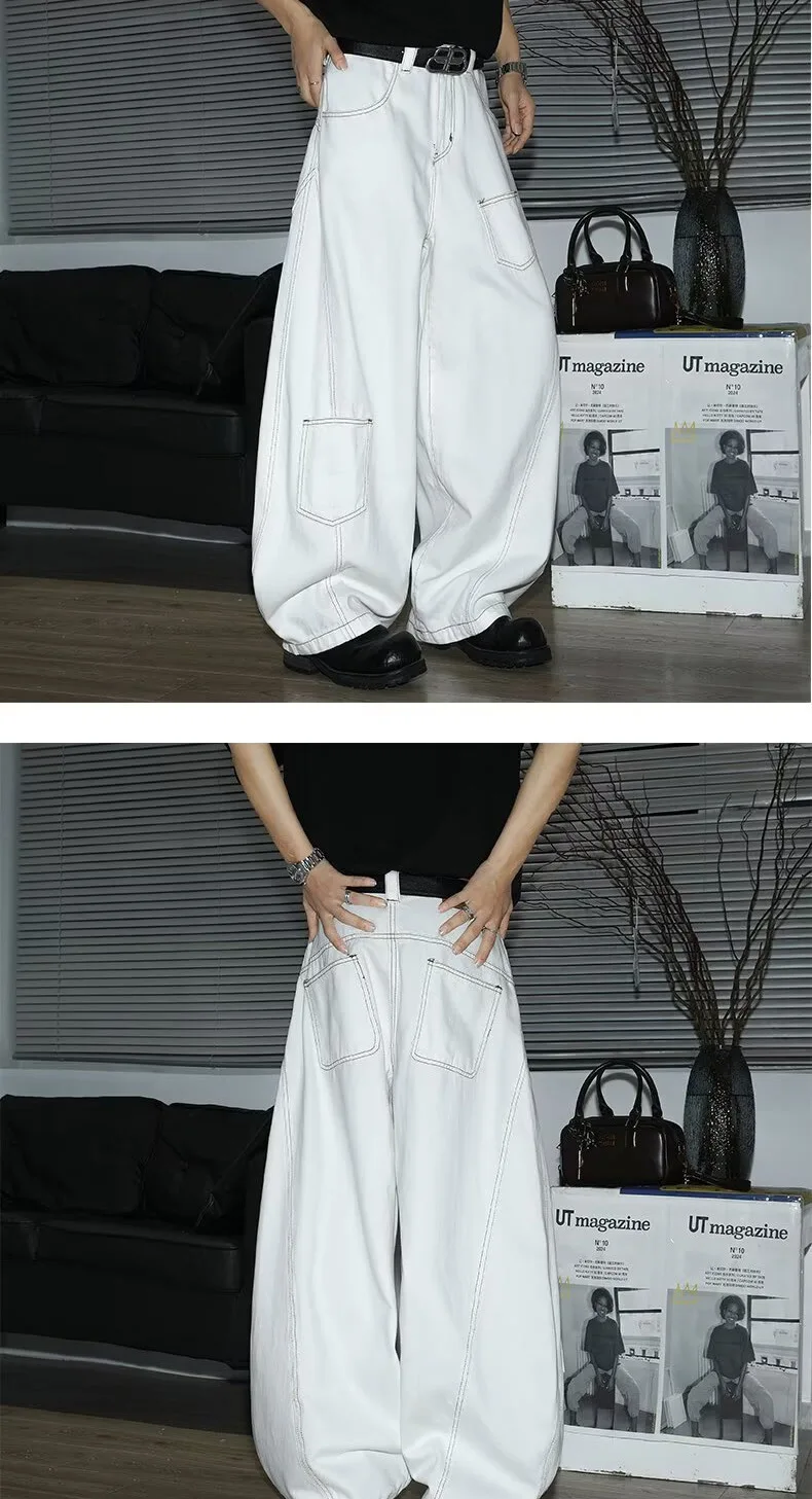 Y2K Men's Jeans White High-Waisted Wide-Leg Denim Pants Retro Baggy Style Fashion Loose Fit Casual Denim Trousers Streetwear