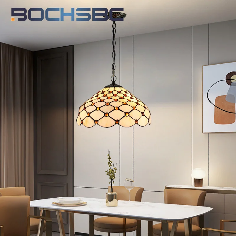 

BOCHSBC Tiffany European antique style stained glass chandelier Art Deco dining Room Bedroom balcony foyer suspended light