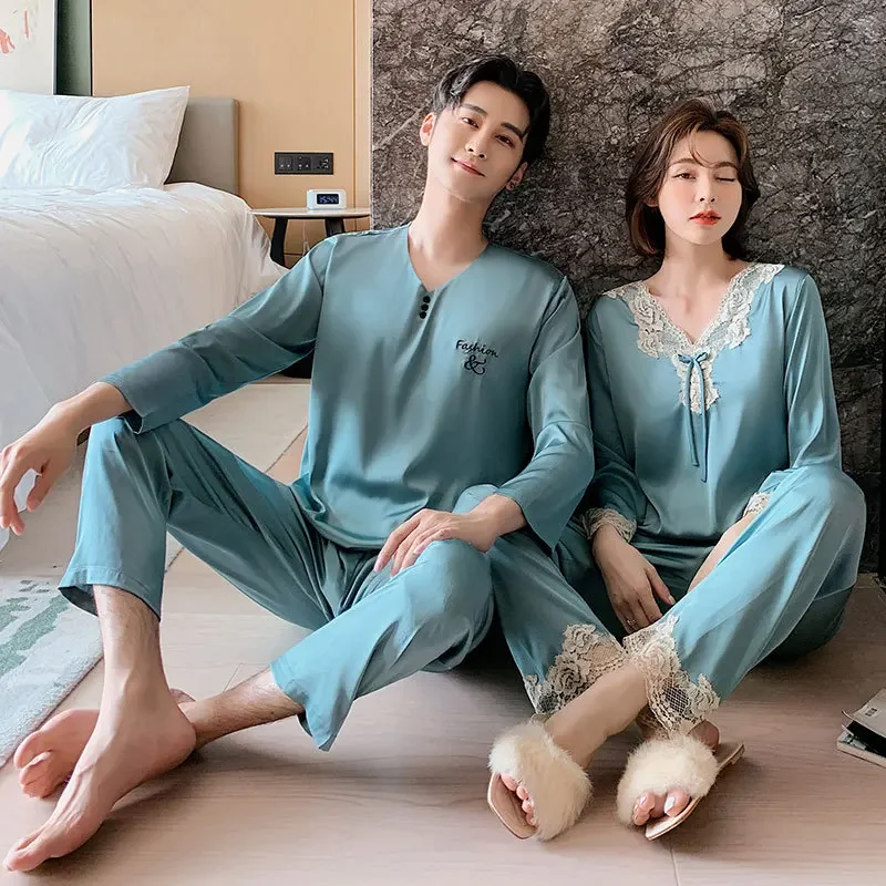 Pajamas Set Men Women Fall Summer Ice Silk Couple Sleepwear Large Size Imitation Silk Loungewear Suit