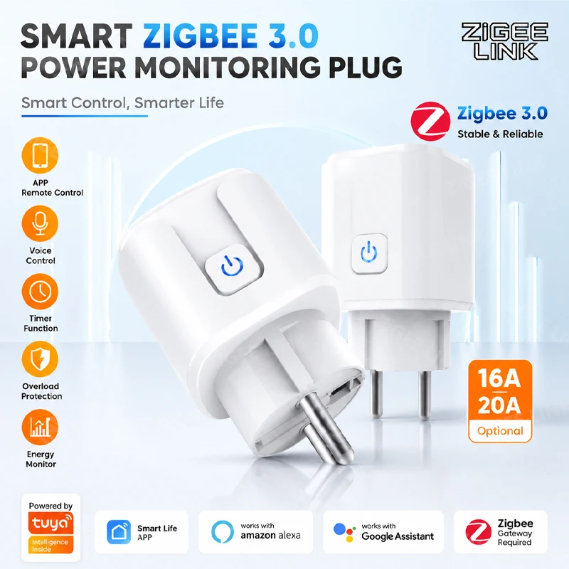 ZigBee 3.0 Smart WiFi Plug with Power Monitoring and Voice Control