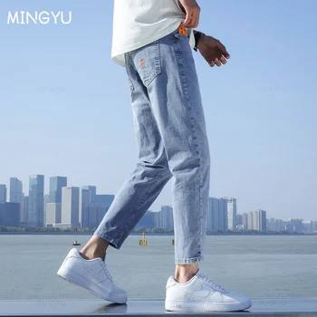 2025 New Men's Stretch Ankle Length Jeans Light blue Fashion Casual Cotton Slim Fit Denim Pants Korean Trousers Male Brand Cloth 1