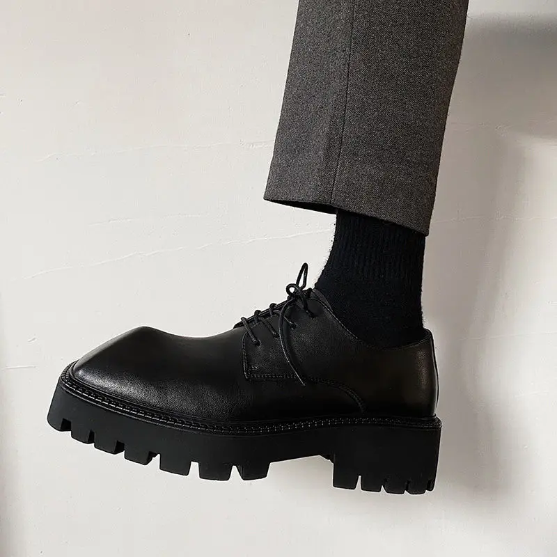 Fashion Retro Square Toe Men Black Thick Sole Platform Shoes Woman