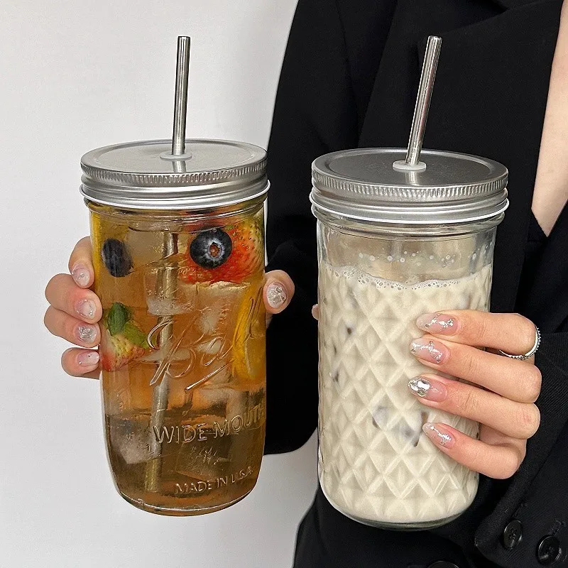 Description Picture 5 of itemIns Style Clear Glass Cup With Straw Lid Large Capacity Heat Resistance Boba Milk Tea Glasses Coffee Mug Juice Cold Drink Cup