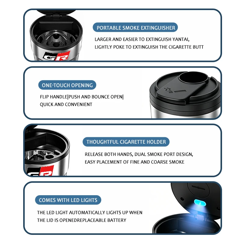 뚜껑이 있는 차량용 재떨이, 냄새 차단 기능, 블루 LED, 휴대용 재떨이 컵, 토요타 크라운, 야리스, 코롤라, 프리우스, 아우리스, CHR, 아발론, GR, 캠리용