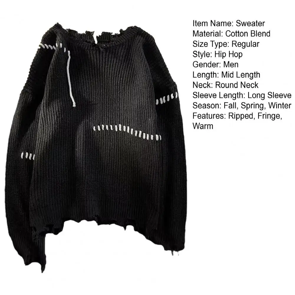 Description Picture 3 of itemClassic Round Neck Sweater Men's Fringe Tassel Sweater Warm Knitted Pullover with Ripped Detail Loose Fit for Fall Winter Long