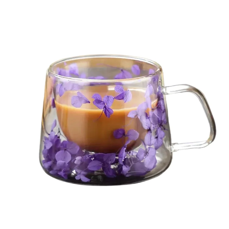 200ml Double Wall Clear Coffee Mug with Handles Glass Milk Cups Simulation Flower Teacup Elegant Gift Drinkware
