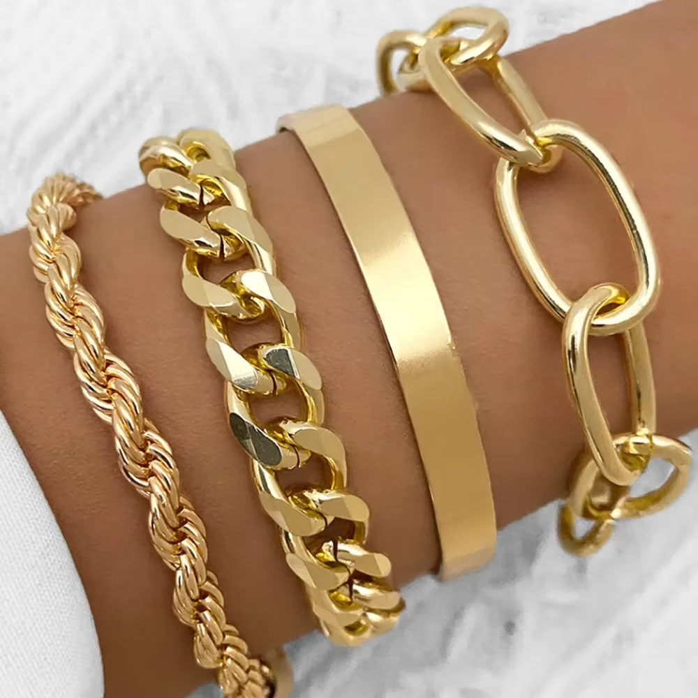 4 Pcs Punk Gold Color Cuban Link Chain Bracelet Set for Women Vintage Snake Chain Charm Bangles Couple Jewelry Gifts 2025