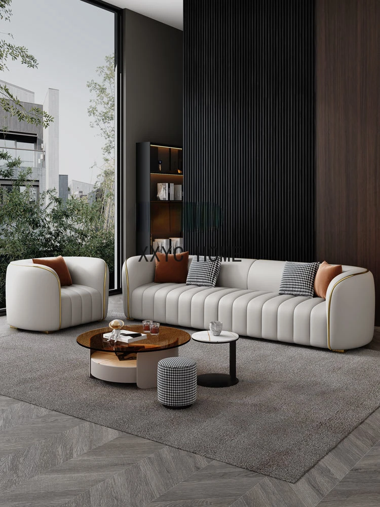 

Italian-Style Light Luxury Leather Sofa Living Room Modern Simple Straight-Row Sofa Combination Complete Set