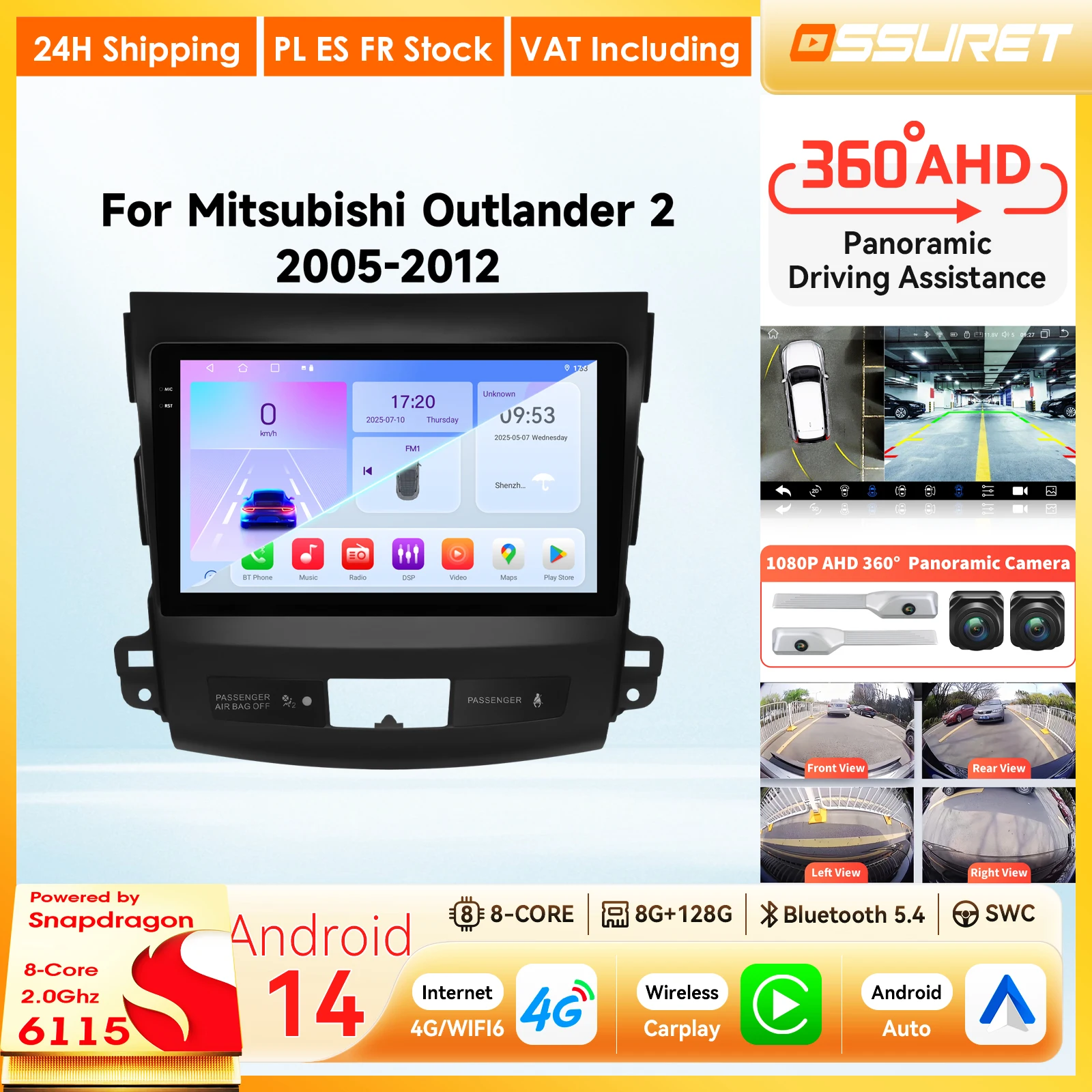 Radio para Auto con Android Auto y Carplay para Mitsubishi Outlander 2005-2011, Citroën C-Crosser, Peugeot 4007, Reproductor Multimedia 2Din, Audio 1