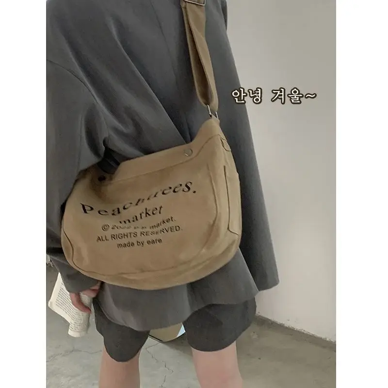 College Women's Khaki Canvas Messenger Bag - Vintage Retro Tote with Spacious Compartments, Multi-Functional Crossbody