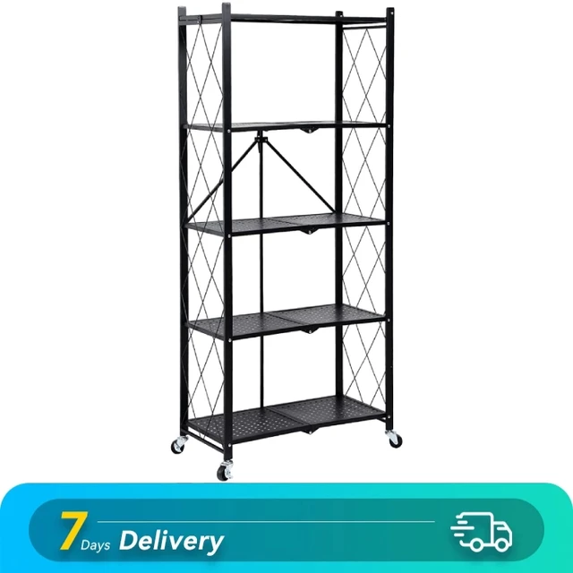 HealSmart 4-Tier Heavy Duty Foldable Metal Rack Storage Shelving Unit with Wheels Moving Easily Organizer Shelves Great for Garage Kitchen Holds Up