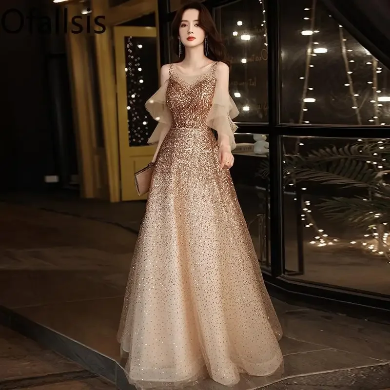 

Ofallsis O neck Golden Evening Dress 2023 New Autumn Elegant Banquet Celebrity Temperament Annual Meeting Host Dresses Female