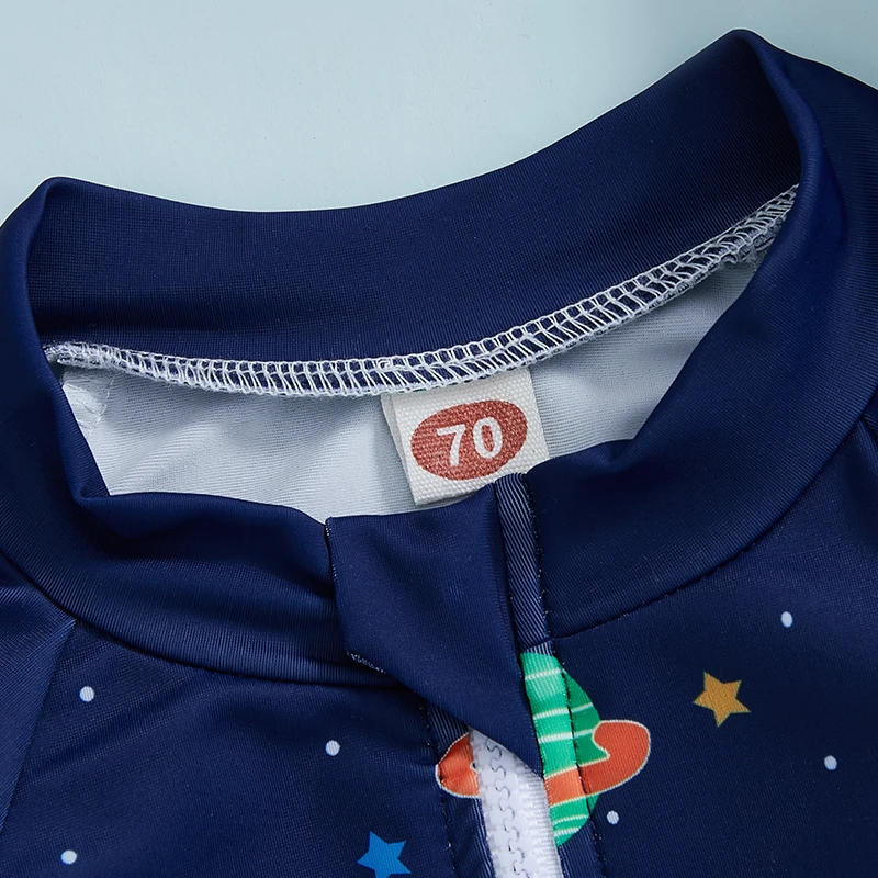 Toddler Boy Rash Guard Swimsuit with Hat 2 Pcs Set Planet Dinosaur Pattern Zip Up Long Sleeve Crew Neck Baby Boy Swimwears