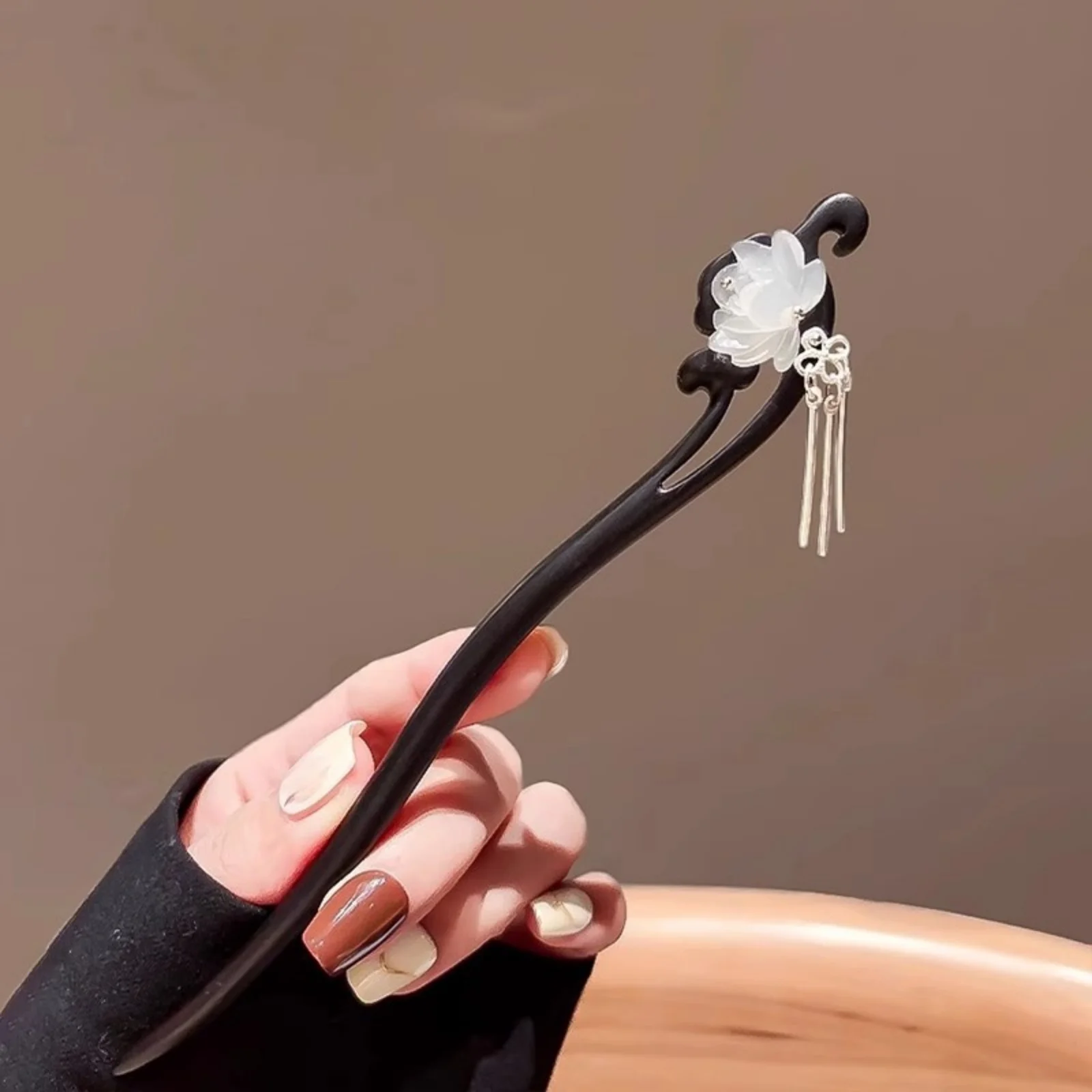1PC Chinese- Style Wooden Hair Stick with Jade Flower & Tassels, Elegant Hair Accessory for Women, Traditional Hairpin for Updos