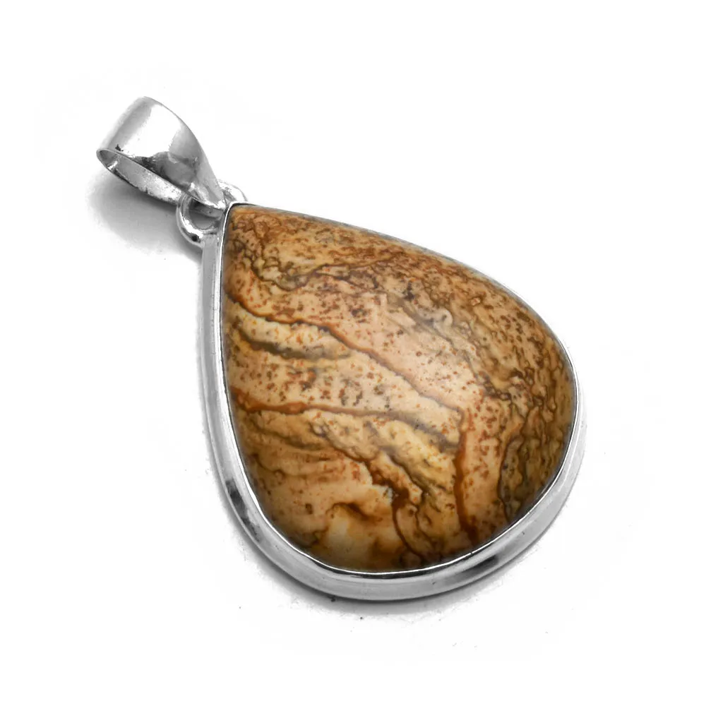 

Genuine Picture Jasper Pendant 925 Sterling Silver, Women Jewelry Gift , 38 mm， AP9091
